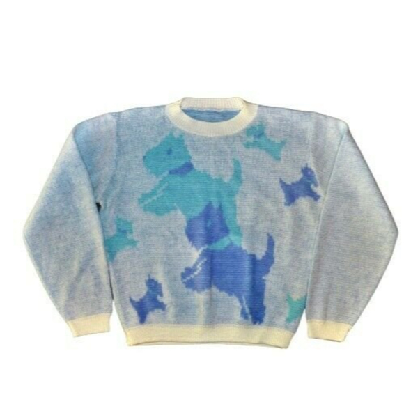 1980s Vintage Blocky Scottish Terrier Purple Teal White Sweater Top - Picture 1 of 6